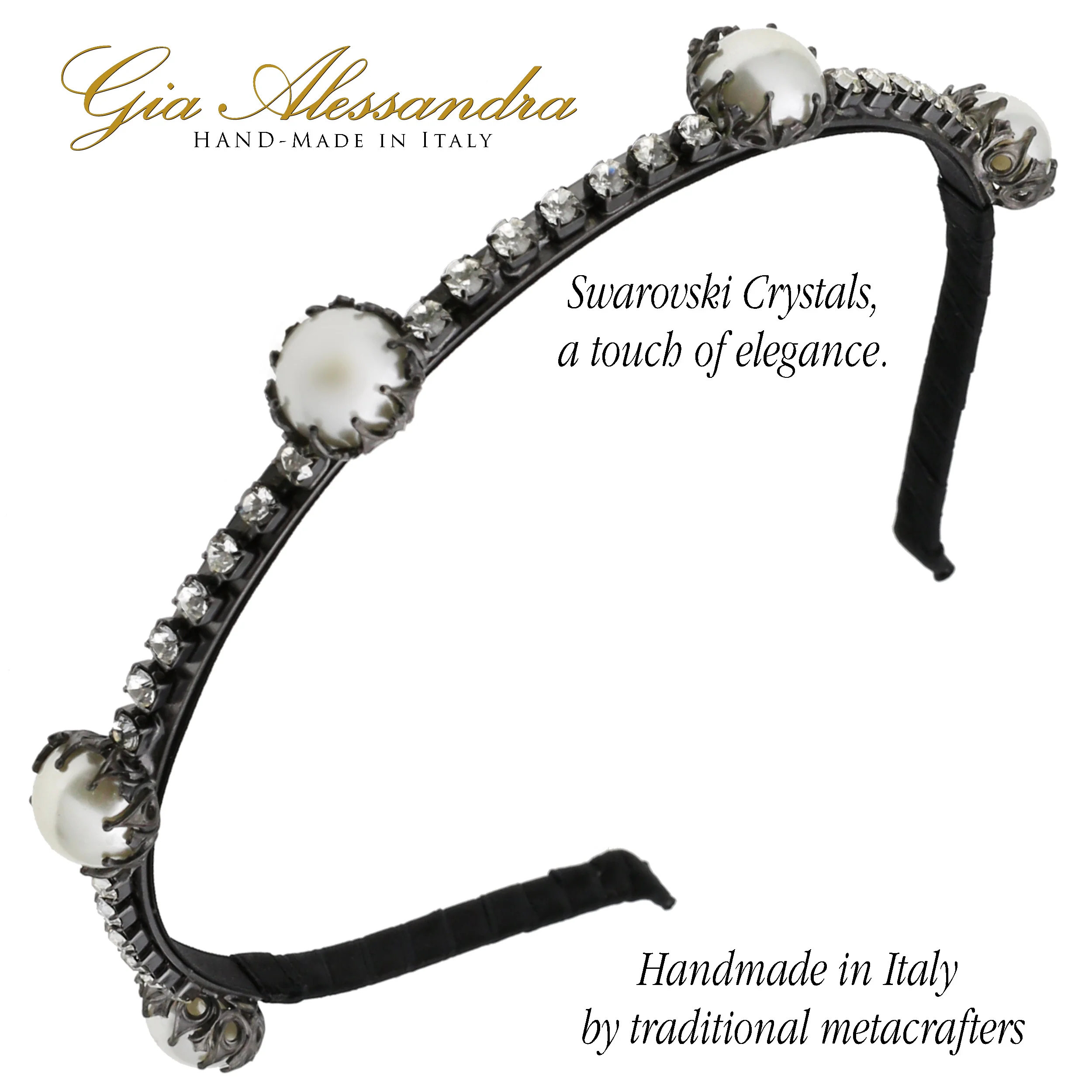 Silver Metal Headband with Swarovsky Crystals and Pearls - Image 4