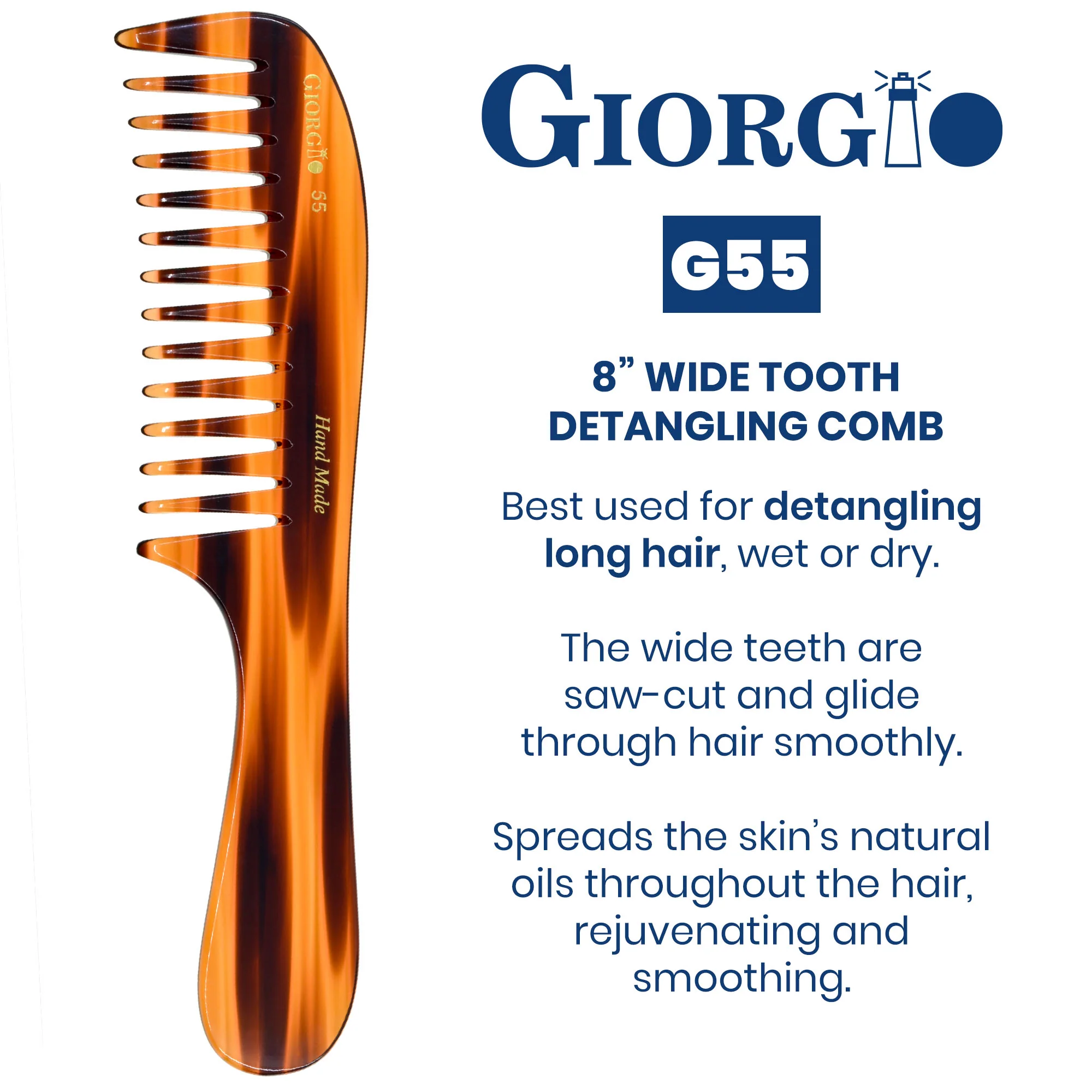 Giorgio G55 8" Wide Tooth Detangling Comb with Handle - Image 5