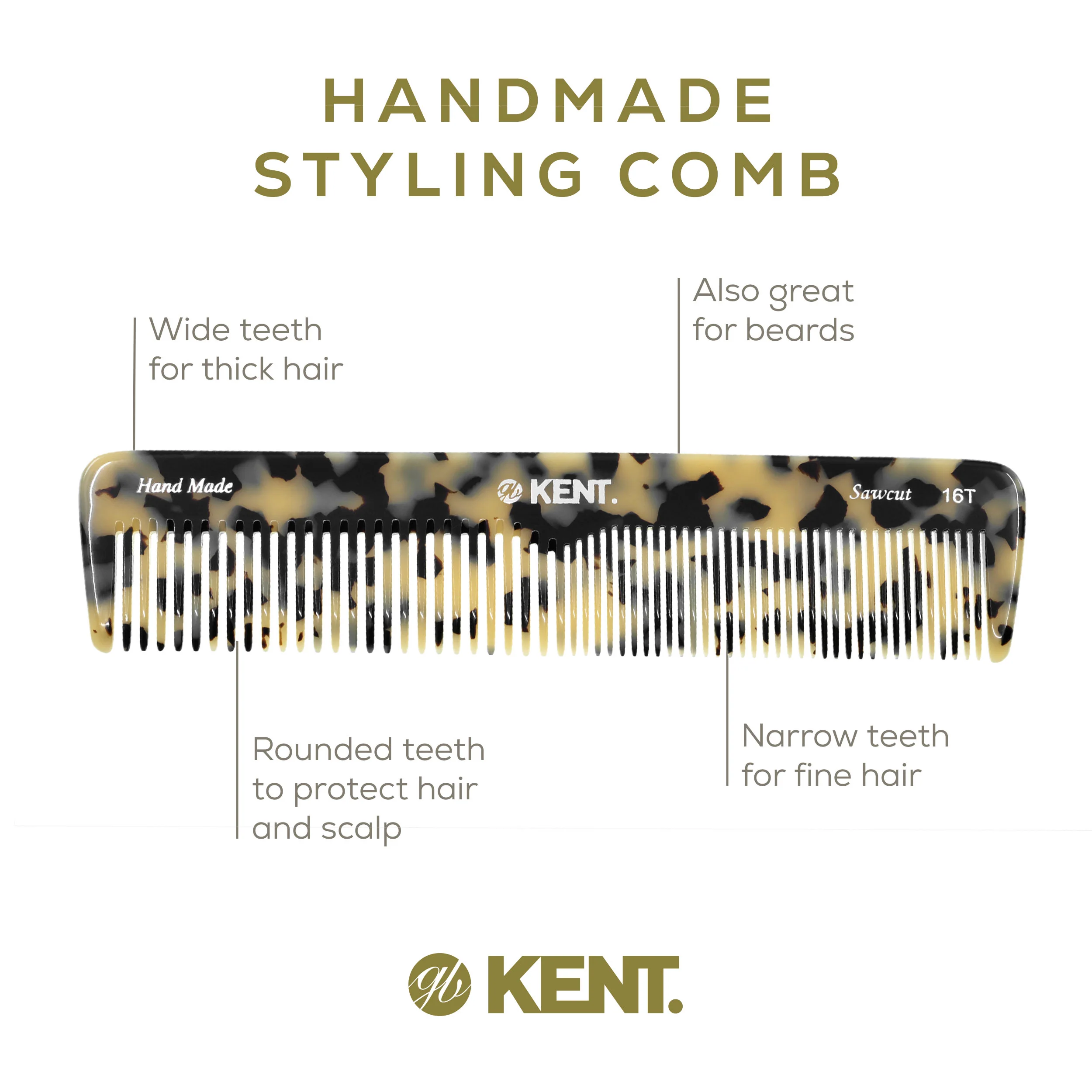 Kent 16T Mixed Tooth Handmade Comb - Image 9